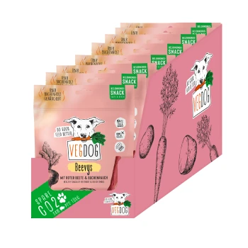 Belohnungssnack BEEVYS 9 x 80 g Vegdog Beevys Verpackung, ein pflanzlicher Hundesnack mit Rote Beete und Buchenrauchgeschmack, auf einem rosa Hintergrund mit Gemüseillustrationen.