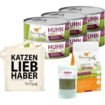 Eine Sammlung von Haustierprodukten: 6 Dosen "Ich liebe meine Katze" Hühnerfutter, Trockenfutter für Katzen, Shiimun Ergänzung und eine "KATZEN LIEB HABER" Tragetasche.