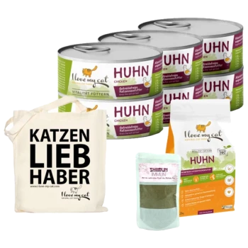 Eine Sammlung von Haustierprodukten: 6 Dosen "Ich liebe meine Katze" Hühnerfutter, Trockenfutter für Katzen, Shiimun Ergänzung und eine "KATZEN LIEB HABER" Tragetasche.