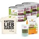 Eine Sammlung von Haustierprodukten: 6 Dosen "Ich liebe meine Katze" Hühnerfutter, Trockenfutter für Katzen, Shiimun Ergänzung und eine "KATZEN LIEB HABER" Tragetasche.