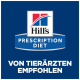 Hill's Prescription Diet-Logo auf blauem Hintergrund, mit dem Text "VON TIERÄRZTEN EMPFOHLEN" deutlich angezeigt.