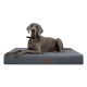 Ein großer grauer Hund, der auf einem grauen Haustierbett mit einem Lederetikett liegt, auf dem 'tierlandor' steht. Der Hintergrund ist schwarz.