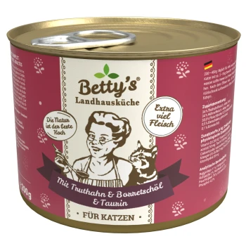 mit Truthahn & Borretschöl 6x200 g Dose mit Betty's Landhausküche Katzenfutter mit Truthahn und Borretschöl, mit einem Ziehdeckel und einem lila Etikett, das "Extra viel Fleisch" angibt.