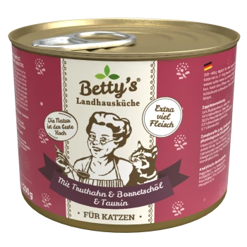 Dose mit Betty's Landhausküche Katzenfutter mit Truthahn und Borretschöl, mit einem Ziehdeckel und einem lila Etikett, das "Extra viel Fleisch" angibt.