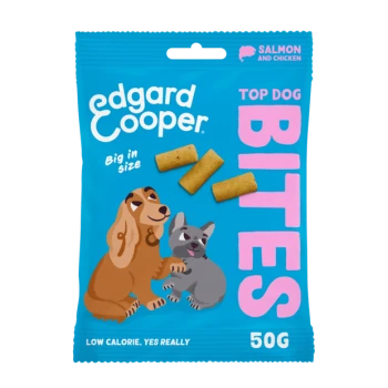 Edgard Cooper Top Dog Bites packaging features a golden retriever and French bulldog with treats. Text: "Big in size," "Low calorie," "Salmon & chicken."
