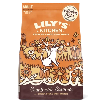 Lily's Kitchen Countryside Casserole dog food bag, featuring a white dog among flowers, labeled "Proper Food for Dogs" and "Grain Free."