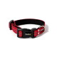 Rotes reflektierendes Hundehalsband mit schwarzem Kunststoffverschluss, Metall-D-Ring, 'lionto'-Etikett und dem Text '1,5cm'.