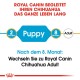 Royal Canin Chihuahua Futterleitfaden, der den Übergang vom Welpen (2 Monate) zum Erwachsenen (8 Monate) zeigt, mit Anweisungen auf Deutsch.