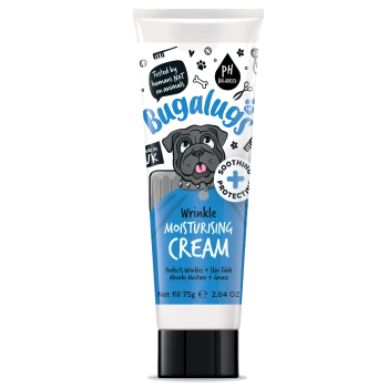 Bugalugs Wrinkle Moisturising Cream Tube für Hunde, blau-weiße Verpackung mit Mops-Cartoon und Text 'Tested by humans NOT on animals'.