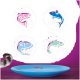 Quatre icônes circulaires sur un fond violet montrent des illustrations de poissons : "Lachs x3," "Thunfisch x3," "Weißfisch x3," "Kabeljau x3," avec un bol bleu.