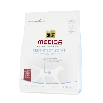 Sac de nourriture pour chien Select Gold Medica Veterinary Diet Obesity Diet, 2,5 kg, avec "REDUKTIONSDIÄT" et des allégations nutritionnelles pour la gestion du poids.