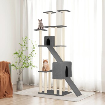 Ein moderner Katzenbaum mit zwei Katzen, eine sitzt auf der oberen Plattform und die andere auf einem mittleren Regal, umgeben von einer gemütlichen Innenumgebung.