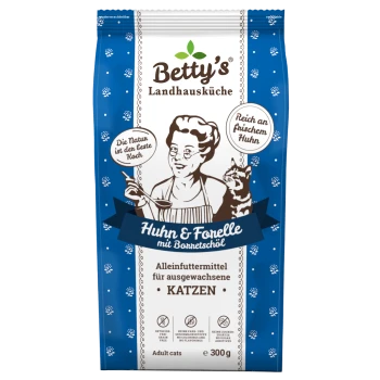 Betty's Landhausküche Katzenfutterbeutel, Huhn & Forelle Geschmack, getreidefrei, 300g, für erwachsene Katzen, mit deutschem Text und Katzenillustration.