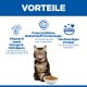Getigerte Katze mit Schüssel mit Trockenfutter unter der Überschrift 'VORTEILE' und deutschen Angaben: Vitamin E, Ballaststoff-Technologie, hochwertiges Protein