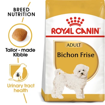 Royal Canin Bichon Frise adult dog food bag featuring a white Bichon Frise dog, with text highlighting breed nutrition and urinary tract health.