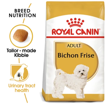 Royal Canin Bichon Frise adult dog food bag featuring a white Bichon Frise dog, with text highlighting breed nutrition and urinary tract health.