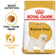 Royal Canin Bichon Frise adult dog food bag featuring a white Bichon Frise dog, with text highlighting breed nutrition and urinary tract health.
