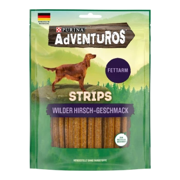 Paquet de friandises pour chiens avec Purina AdVENTUROS STRIPS au goût de cerf sauvage, étiquette faible en gras, et un golden retriever sur un fond rocheux.