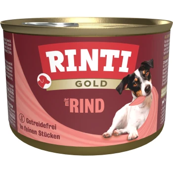 Eine Dose Rinti Gold Hundefutter mit einem verspielten Hund auf dem Etikett, mit dem Text "mit RIND" und "Getreidefrei" deutlich sichtbar.