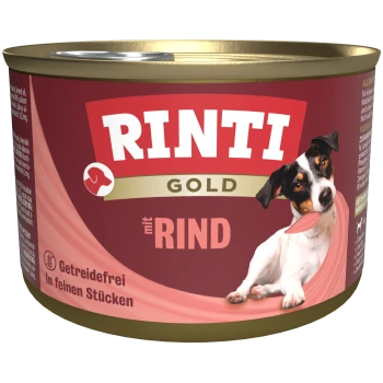Eine Dose Rinti Gold Hundefutter mit einem verspielten Hund auf dem Etikett, mit dem Text "mit RIND" und "Getreidefrei" deutlich sichtbar.
