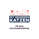 Roter Hintergrund mit fettem weißen und blauen Text, der "IDEAL FÜR HAUSHALTE MIT MEHREREN KATZEN" und "Mit extra Geruchsbekämpfung" besagt.