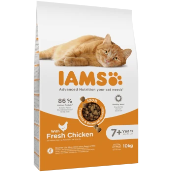 IAMS-Katzenfutterbeutel zeigt eine orangegetigerte Katze, 'Mit frischem Huhn', 7+ Jahre, 86 % tierisches Protein, 10 kg.