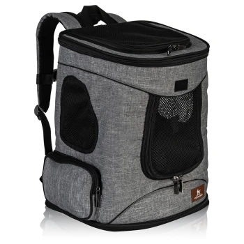 Hunderucksack Benson faltbar Grau Haustiertrage-Rucksack mit Netzfenstern, Reißverschlüssen und gepolsterten Trägern für Komfort. Ideal für den Transport kleiner Haustiere.