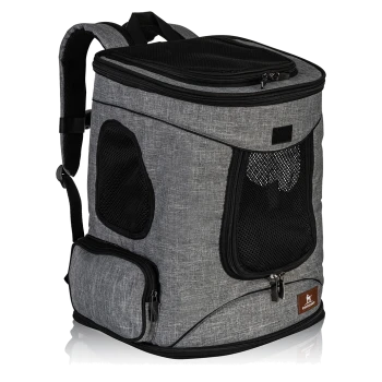 Grau Haustiertrage-Rucksack mit Netzfenstern, Reißverschlüssen und gepolsterten Trägern für Komfort. Ideal für den Transport kleiner Haustiere.