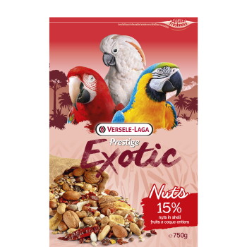 Versele-Laga Prestige Exotic Bird Nuts Verpackung mit drei Papageien und einem Haufen Nüsse, Aufschrift 'Nuts 15% e750g'.