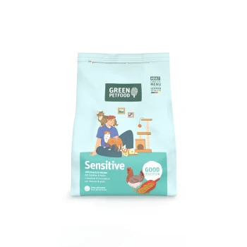 Grünes Petfood Sensitive Katzenfutter für ausgewachsene Katzen mit Insekten und Huhn für gute Verdauung, deutsche Qualität, Urin-pH-Kontrolle.
