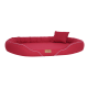 Rote ovale Haustierbett mit einem plüschigen Design und einem kleinen passenden Kissen, mit einem Holzschild beschriftet "lifetender."