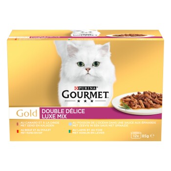 Boîte Purina Gourmet Gold Double Délice Luxe Mix pour chat avec chat blanc à poils longs, assiette de nourriture humide, 12 x 85 g