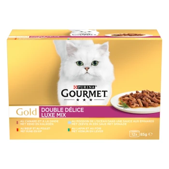 Boîte Purina Gourmet Gold Double Délice Luxe Mix pour chat avec chat blanc à poils longs, assiette de nourriture humide, 12 x 85 g
