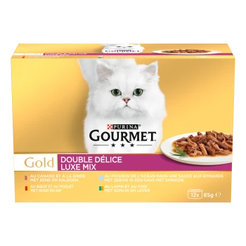 Purina Gourmet Gold Double Délice Luxe Mix kattenvoedingsdoos met witte langharige kat, bord met natvoer, 12x85g