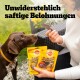 Ein Hund schaut auf eine Person mit einem Leckerli, neben zwei Beuteln Pedigree Ranchos Snacks. Text: "Unwiderstehlich saftige Belohnungen."