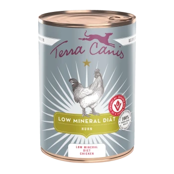 Terra Canis Dosenfutter, beschriftet 'Low Mineral Diät Huhn', mit Hühnerabbildung und Text 'Low Mineral Diet Chicken'