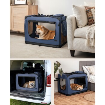 Ein flauschiger grauer und weißer Siberian Husky, der bequem in einer blauen Haustiertrage mit Netzfenstern ruht.