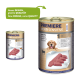 Dosenfutter für Hunde, gekennzeichnet mit 'Premiere Meati Sensitive' mit einem neuen Design, das reines Lamm zeigt, und einem Hundebild. Text enthält 'Neues DESIGN, gleiche QUALITÄT.'