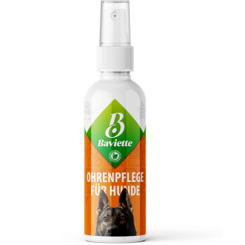 Weißer Spraybehälter mit der Aufschrift „Baviette“ und grünem Logo, orangefarbener Etikettierung „OHRENPFLEGE FÜR HUNDE“ und einem Hundekopf.