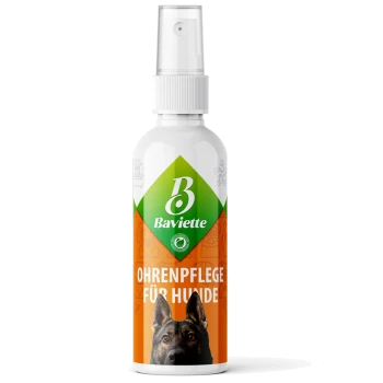 Weißer Spraybehälter mit der Aufschrift „Baviette“ und grünem Logo, orangefarbener Etikettierung „OHRENPFLEGE FÜR HUNDE“ und einem Hundekopf.