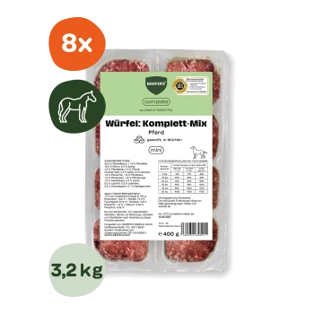 Packung Rohfutter‑Würfel mit Aufschrift 'Würfel: Komplett‑Mix Pferd mini' mit Pferde‑Symbol, orangefarbener '8×' und grünem '3,2 kg' Abzeichen.
