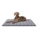 Ein entspannter grauer Weimaraner-Hund, der auf einer weichen, grauen Tiermatte mit einer strukturierten Oberfläche liegt.