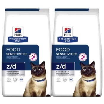 Sacs de nourriture pour chats Hill's Prescription Diet z/d Sensibilités Alimentaires mettant en vedette un chat siamois, étiquetés 'Recommandé par les vétérinaires' et le logo 'ActivBiome+'.
