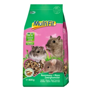 Nagerfutter für Maus, Rennmaus und Zwerghamster 800 g Bunte 800g MultiFit Haustierfutterbeutel, der einen Zwerghamster, eine Maus und einen Zwerghamster zeigt, mit Text über Fettsäuren und Geruchskontrolle.