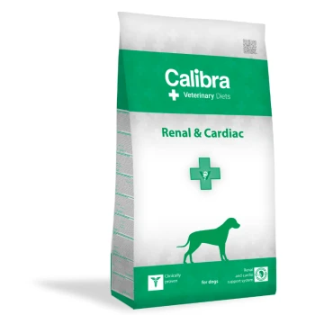 Canine Renal/Cardiac 12 kg Sac de nourriture pour chiens Calibra Veterinary Diets Renal & Cardiac, présentant un design vert et blanc avec une silhouette de chien et un symbole de croix médicale.