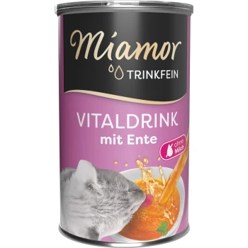 Puszka Miamor Trinkfein Vitaldrink mit Ente (napój dla kota bez mleka), fioletowa etykieta z kotem liżącym pomarańczowy płyn.