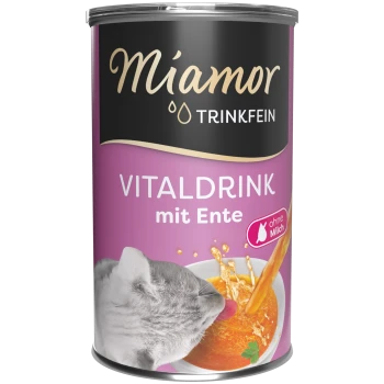 Dose Miamor Trinkfein Vitaldrink mit Ente (ohne Milch), lila Etikett zeigt eine Katze, die orangefarbene Flüssigkeit leckt.