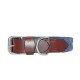 Ein stilvolles blaues und braunes Haustierhalsband mit einer silbernen Schnalle und D-Ring zur Leinenbefestigung.