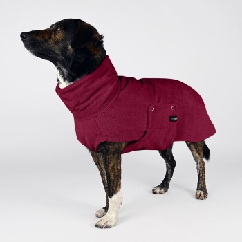 Gestromter Hund trägt burgunderfarbenen Fleece-Mantel mit hohem Kragen und Seitentasche, Label 'THE DOG', steht vor weißem Hintergrund.