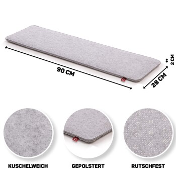 Grau Haustiermatte mit den Maßen 90 cm x 28 cm x 2 cm, mit weichen, gepolsterten und rutschfesten Oberflächen, mit deutschen Textetiketten.